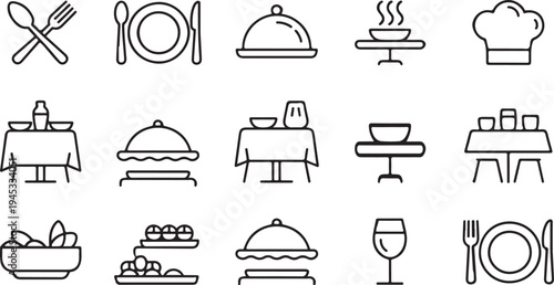 Culinary arts and food service icons featuring various table arrangements dish presentation styles glassware and cooking apparel for restaurant marketing menus and catering business branding sets