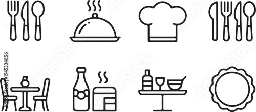 Dining service icon collection with outline vector illustrations for restaurant menus cafe websites mobile applications kitchen branding and food industry marketing materials for professional use