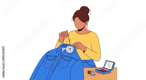 Woman sewing button on blue jeans, modern minimalist style, close-up, fashion repair, DIY, needlework, crafting, isolated on white background, simple colorful graphics