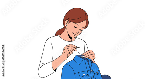 Woman sewing a blue denim shirt with buttons and collar, engaged in needlework, minimalist flat design, domestic activity, everyday life, fashion repair concept