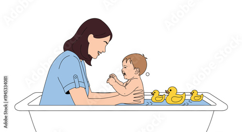 Mother gently bathing newborn baby in sink with rubber ducks, warm water, playful childhood, tender moment, domestic scene, family bonding, hygiene, care, nurturing, innocence