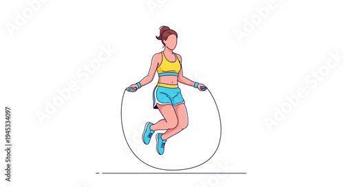 Young woman in sportswear jumping rope in mid-air with speed and agility in a colorful minimalist fitness illustration
