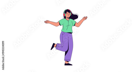 Cartoon woman wearing headphones dancing with arms outstretched in mid-air with one leg bent in a lively carefree modern minimalist contemporary flat color style on white background