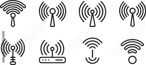 Wireless internet signal and radio tower icons collection black outline style on transparent background for network connectivity and communication technology design projects vector illustrations set