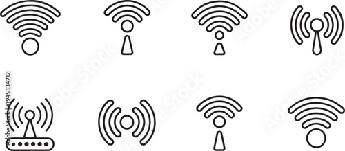 Wireless signal and wifi connectivity icons collection black thin line style on transparent background for internet network and digital communication technology interface design vector illustrations