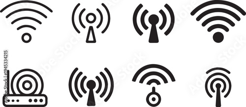 Wifi connection and radio antenna signal icons set black bold and line style on transparent background for communication technology and internet network interface design vector illustration graphics