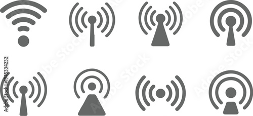 Set of eight gray wifi and antenna symbols with radiating signal patterns on a transparent background, depicting various forms of wireless communication and network connectivity for digital use