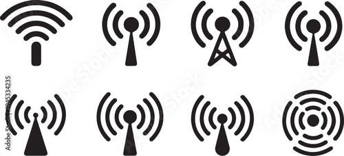 Set of eight abstract black wifi and antenna tower icons with radiating signal waves on transparent background, symbolizing wireless communication and network technology for digital devices