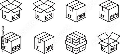 Collection of outline icons representing various cardboard boxes in different states like open closed stacked and with shipping symbols conveying logistics and delivery services