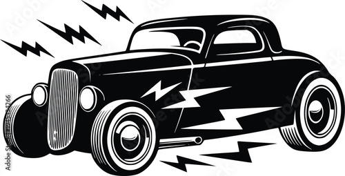 Vintage Hot Rod Coupe with Lightning Bolt Graphics Hand Drawn Retro Vector Illustration