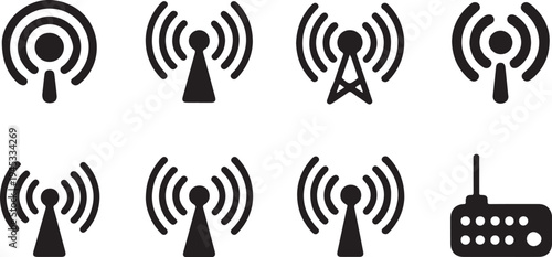 Set of eight bold black wifi and antenna icons with distinct signal patterns and base designs on a transparent background, representing various wireless communication devices and networks