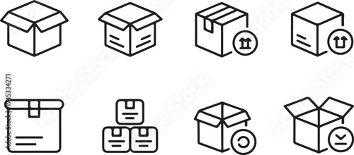 Clean outline icons of shipping boxes in isometric view, showing different types of packages, open, closed, stacked, and marked with handling symbols for shipping and logistics needs