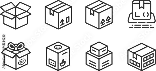 Assortment of simple line icons illustrating shipping and delivery boxes in various configurations like open closed stacked and with eco friendly or handling symbols for logistics