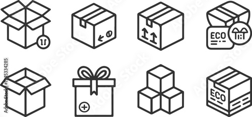 Bundle of unique outline icons showcasing shipping boxes in isometric perspective, including open, closed, stacked arrangements, and boxes with eco labels and handling symbols for logistics