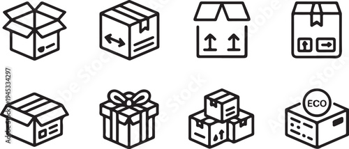 Cardboard box packaging icons set featuring delivery parcels shipping containers gift boxes eco friendly wrapping and stacked storage cartons for logistics e-commerce and retail supply chain business