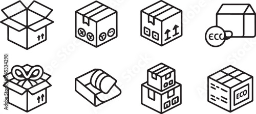 Product packaging and shipping icons featuring diverse box designs include open cartons eco friendly labels stacked delivery containers and specialized gift wrap for retail and logistics industries