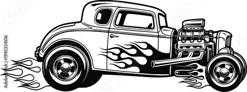 Vintage Hot Rod Coupe with Flames and Exposed Engine Hand Drawn Retro Vector Illustration