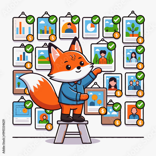 cute fox curator selecting and approving pictures on a wall gallery, content review, moderation, digital marketplace sketch engraving generative ai vector illustration. Scratch board. Black and white.