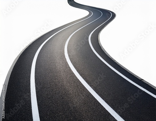 winding asphalt road with white lane markings isolated on white background
