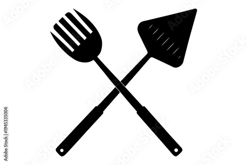 Grill fork and spatula tool icon vector, Grill fork black symbol
