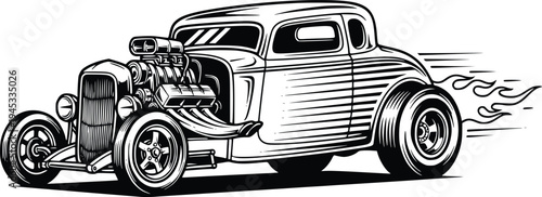 Vintage Hot Rod Coupe with Flames and Exposed Engine Hand Drawn Retro Vector Illustration
