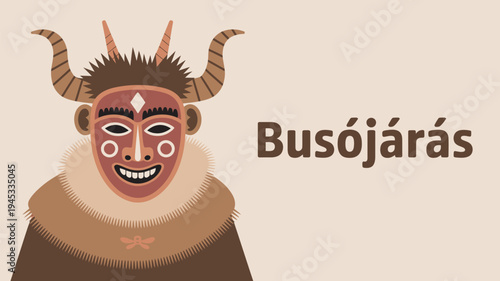 A colorful illustration of a traditional Busójárás mask with horns and fur, representing a cultural heritage.