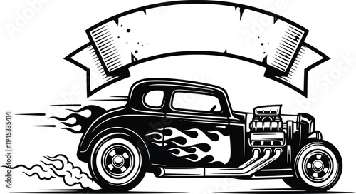Vintage Hot Rod Coupe with Flames and Blank Ribbon Banner Hand Drawn Retro Vector Illustration