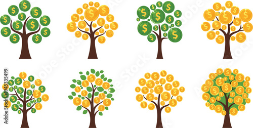 money tree set illustration, dollar coin tree icons, financial growth concept, investment success symbol, wealth business graphic, prosperity finance clipart collection