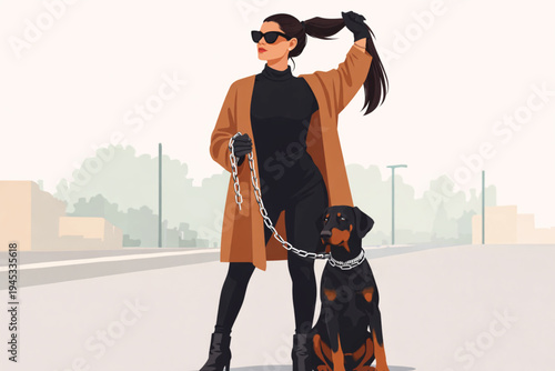 A young woman with a dog wears a winter ski helmet and hat in this cartoon vector illustration of a person enjoying outdoor sports