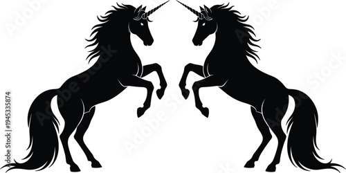 unicorn silhouette pair illustration, rearing fantasy horses design, mythical creature icon, magical animal artwork, symmetrical unicorn graphic, black unicorn silhouettes