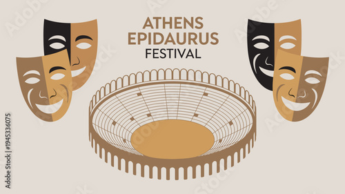 The Athens Epidaurus Festival logo with comedy and tragedy masks surrounding an ancient Greek amphitheater