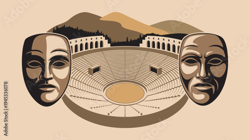 An illustration of a Greek amphitheater with comedy and tragedy masks in front of a mountainous backdrop.
