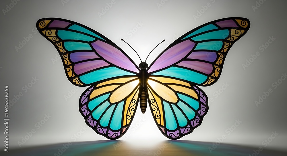 Obraz premium Colorful stained glass butterfly with intricate patterns and vibrant hues displayed against a neutral background