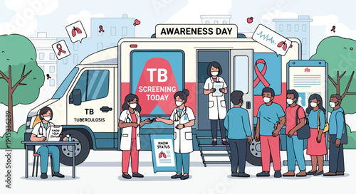 People gather around a tuberculosis awareness tour bus with a healthcare worker on World Tuberculosis Day