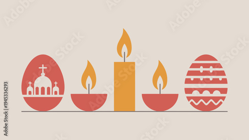 A symbolic illustration of Easter and Christianity with candles and decorated eggs.