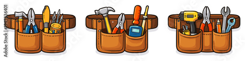 Collection of cartoon tool belts filled with various hand tools and a power drill