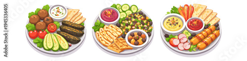 Three plates of delicious Mediterranean mezze with dips, grilled items, and fresh vegetables