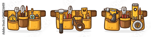 Cartoon tool belts filled with various construction and DIY instruments