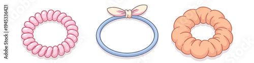 Collection of three cute cartoon hair accessories including a spiral hair tie and scrunchie