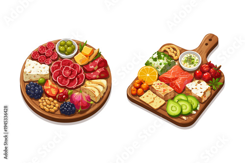 Gourmet charcuterie and seafood boards with fresh fruits, cheeses, and meats
