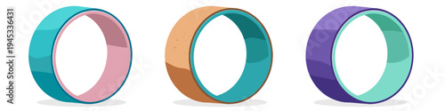 Three colorful yoga wheels in different shades of blue, purple, and tan for exercise and stretching