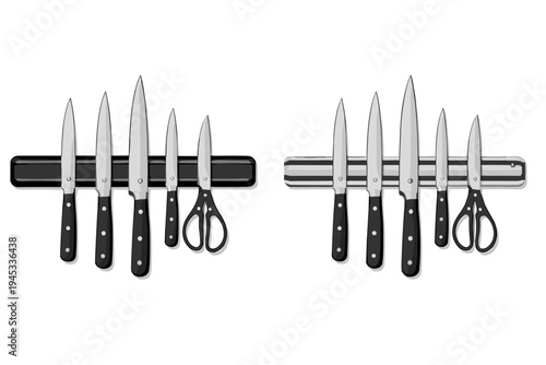 Collection of kitchen knives and scissors neatly arranged on magnetic strips
