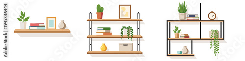 Various decorative shelves with plants, books, vases, and framed art displayed