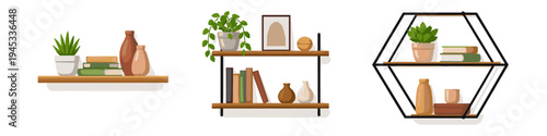 Collection of three stylish shelves with decorative items and plants