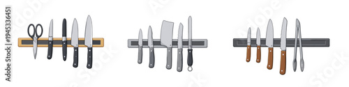Collection of kitchen knives and scissors organized on magnetic strips