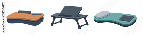 Collection of three portable lap desks and laptop stands for comfortable work and study