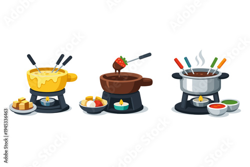 Set of three fondue pots with cheese, chocolate, and savory dips for a delightful meal