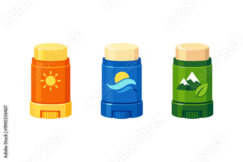 Three different types of sunscreen sticks with distinct nature-themed labels