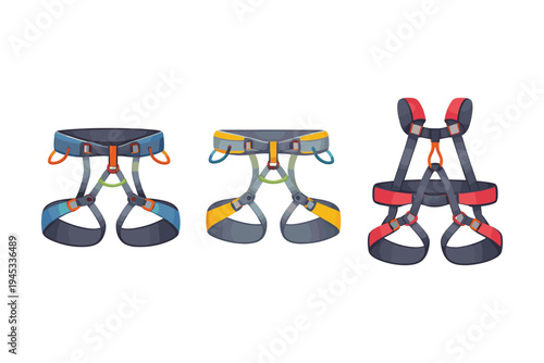 Collection of three different climbing harnesses for safety and adventure activities