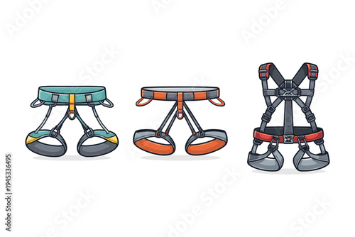 Three different styles of climbing harnesses displayed side by side on a white background